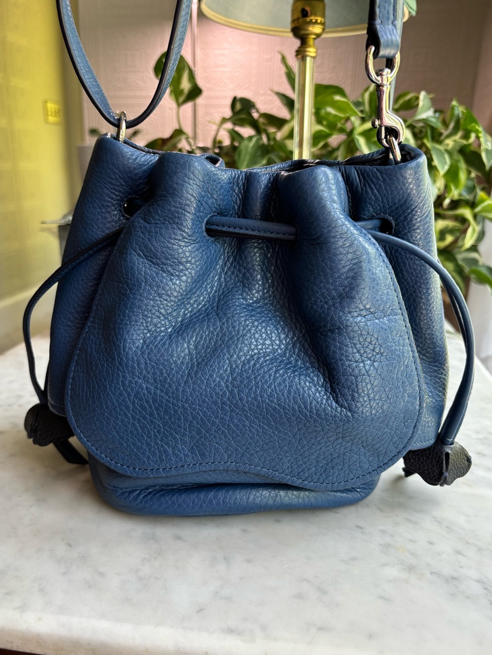 COACH Pebbled Leather Blue Drawstring Petal Bag with Matching Bag Charm - Picture 3 of 13
